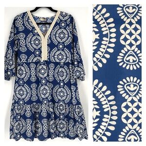 New! Saiph Lab Tiered Bell Sleeve Santorini Mini Dress White Blue 45369